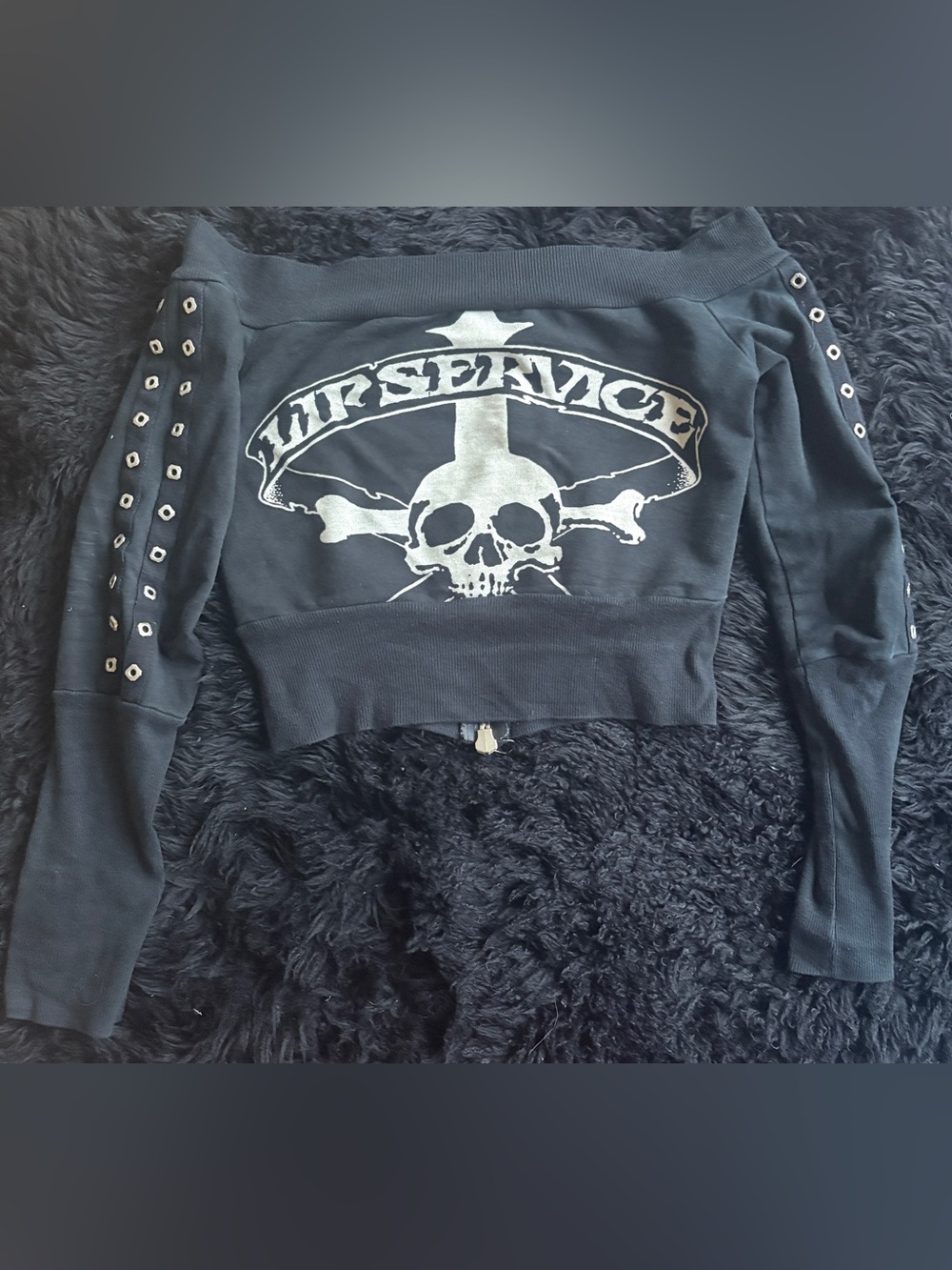 Lip Service Skull Graphic Off-Shoulder Sweatshirt